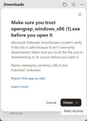 Microsoft Edge SmartScreen trust dialog showing Keep anyway for OpenGrep
