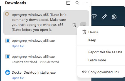 Microsoft Edge Downloads menu showing Keep for OpenGrep