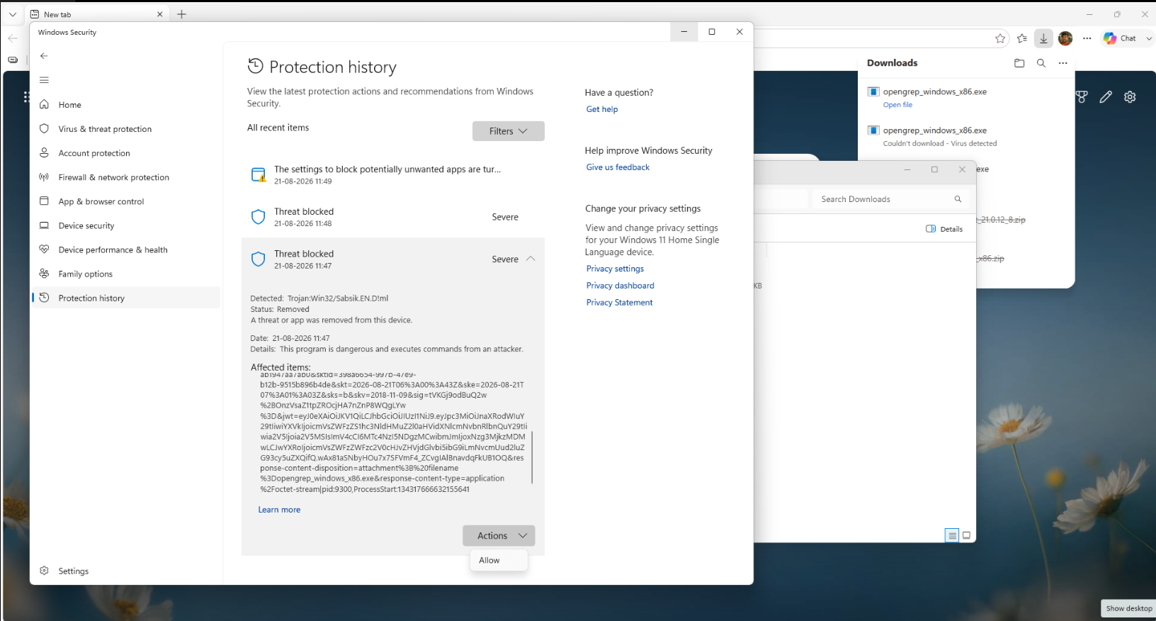Windows Security Protection history showing Actions Allow for OpenGrep